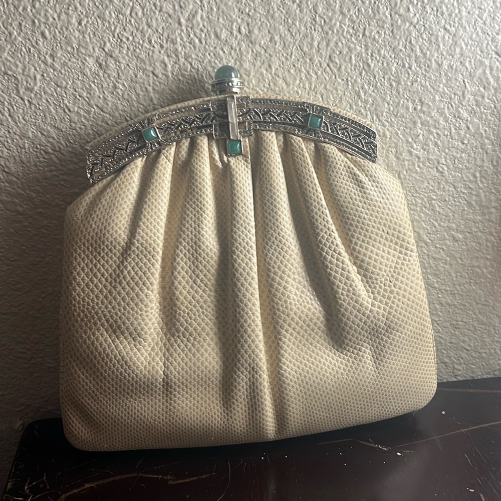 Vintage Judith Leiber cream snakeskin clutch w/silver strap